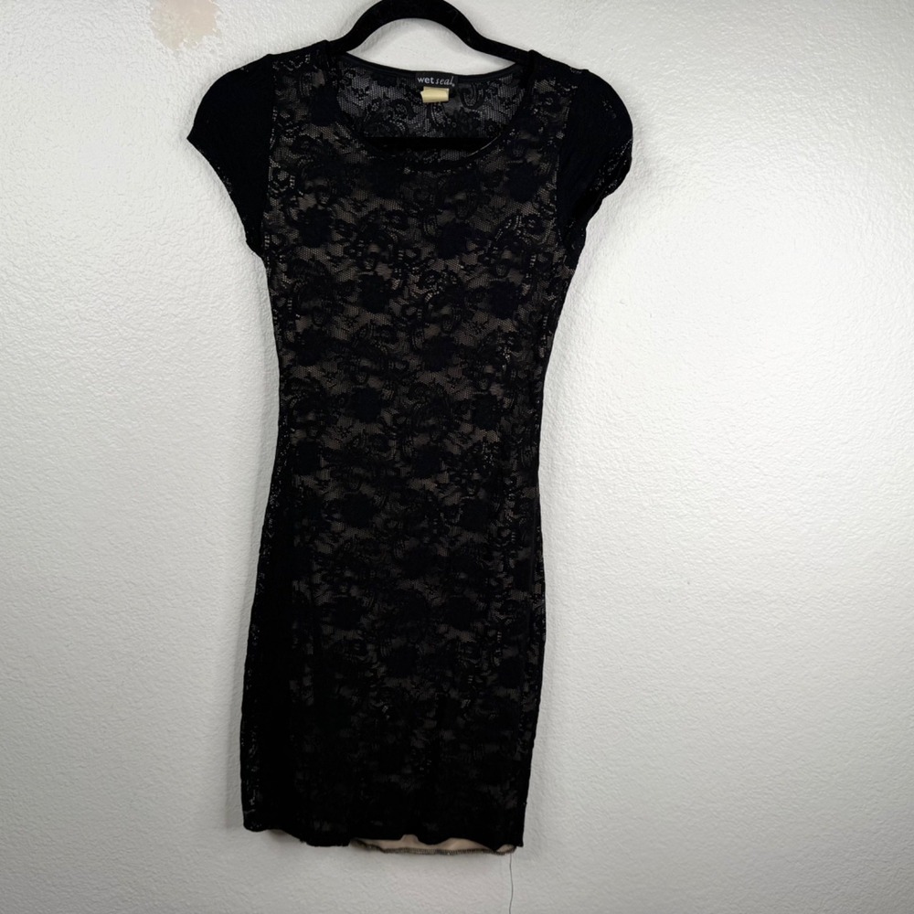 Vtg Wet Seal Women's Dress Black Sz M Lace Body Con Open Back Y2K Fairy Grunge